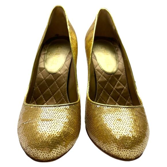 CHANEL Interlocking CC Sequins Round Toe Pumps EU 40 US 9.5-10 High Heels - Picture 3 of 13